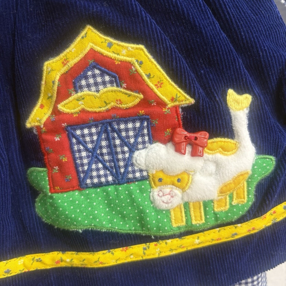 Vintage 2 Piece Farm Gingham Dress Navy Corduroy Pinafore Baby Girl Dress 9-12M - Picture 2 of 13
